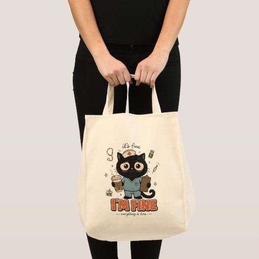 レトロな黒猫看護師 - 何とかなる トートバッグ (正面(商品))