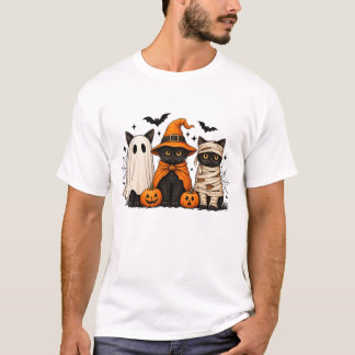 レトロな黒猫魔女のハロウィンパンプキン Tシャツ