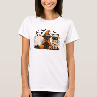 レトロな黒猫魔女のハロウィンパンプキン Tシャツ