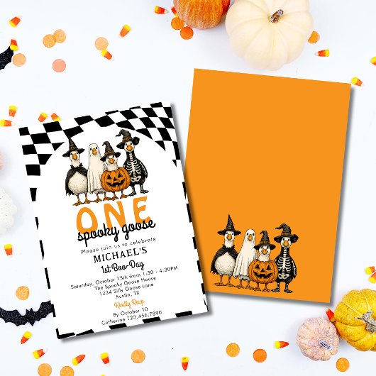 レトロな1羽のスプーキーグース ハロウィン 1歳の誕生日 招待状