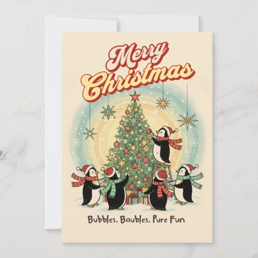 レトロな1950年クリスマスカード ペンギンとツリー シーズンカード (正面)