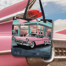 レトロな1950年代のピンクの車、ミッドセンチュリーダイナー