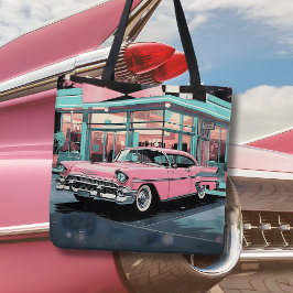 レトロな1950年代のピンクの車、ミッドセンチュリーダイナー トートバッグ
