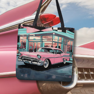 レトロな1950年代のピンクの車、ミッドセンチュリーダイナー トートバッグ