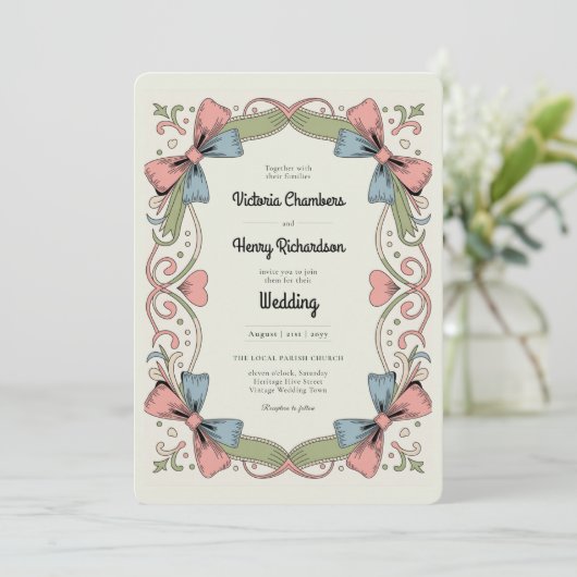レトロな1950年代のロックアビリー パステル ボウ ウェディング ヘリテージ 招待状 (スタンド正面)
