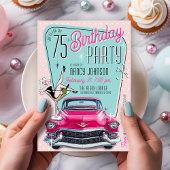 レトロな1950年代の華やかなピンクのヴィンテージカーの誕生日パーティー 招待状