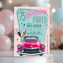 レトロな1950年代の華やかなピンクのヴィンテージカーの誕生日パーティー 招待状