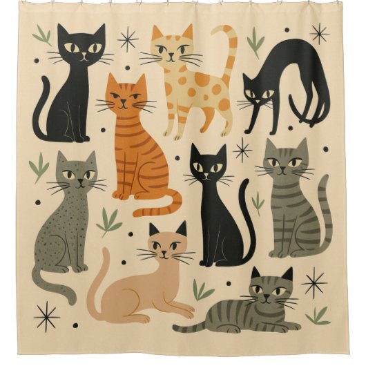 レトロな1950年代風の猫柄 シャワーカーテン (正面)