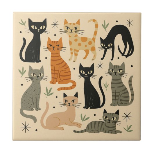 レトロな1950年代風の猫柄 タイル (正面)