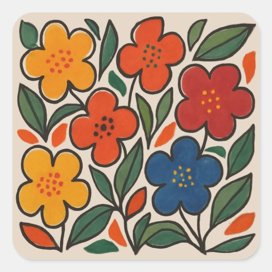 レトロな1960年代風の花柄 スクエアシール (正面)