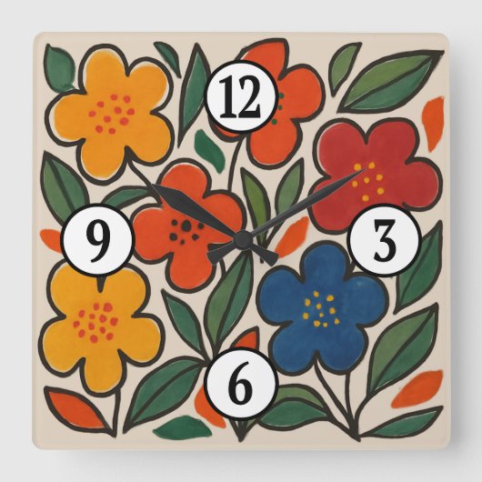 レトロな1960年代風の花柄 スクエア壁時計 (正面)