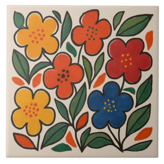レトロな1960年代風の花柄 タイル (正面)