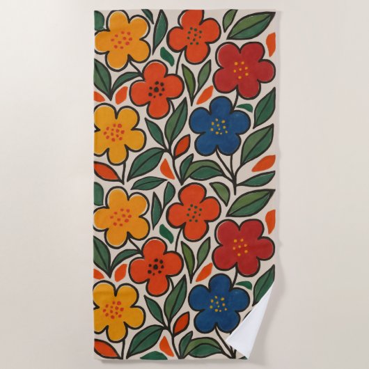 レトロな1960年代風の花柄 ビーチタオル (正面)