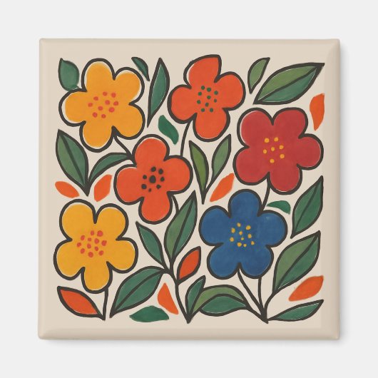 レトロな1960年代風の花柄 マグネット (正面)