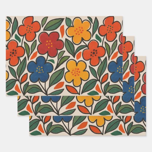 レトロな1960年代風の花柄 ラッピングペーパーシート (セット)