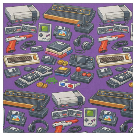 レトロな1980年代のビデオゲームギア柄 ファブリック (見本)