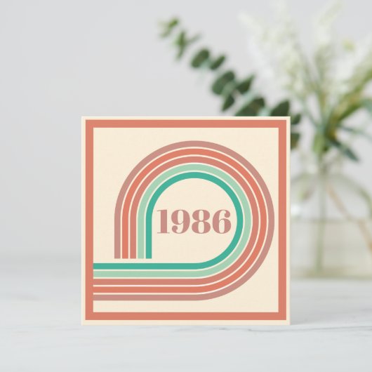 レトロな1986年 40歳の誕生日 コーラル ボホ ストライプ 招待状 (スタンド正面)