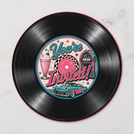 レトロな50年代のビニールレコードの誕生日招待状 招待状 (正面)