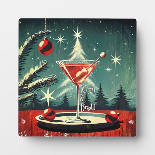 レトロな50年代の雪の吹雪クリスマスツリーマティーニ フォトプラーク (正面)