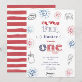 レトロな7月4日花火の1歳誕生日パーティー 招待状