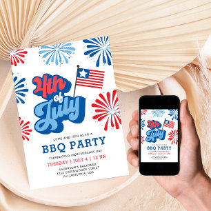 レトロな7月4日花火アメリカ国旗BBQパーティー 招待状