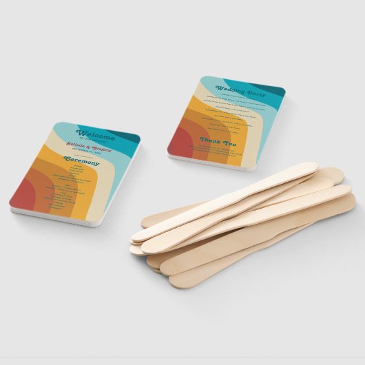 レトロな70年代のカラフルな虹のウェーブ結婚式プログラム ハンドファン (組立なし)