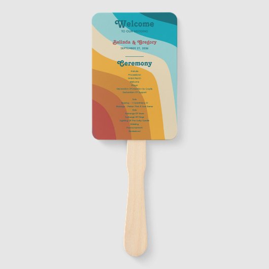 レトロな70年代のカラフルな虹のウェーブ結婚式プログラム ハンドファン (正面)