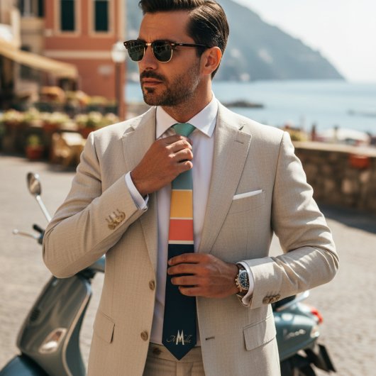 レトロな70年代のモード ネイビー ピンク ストライプ パターン モノグラム ネクタイ