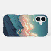 レトロな70年代の山の風景と鮮やかな雲 iPhone 16ケース (裏面横)