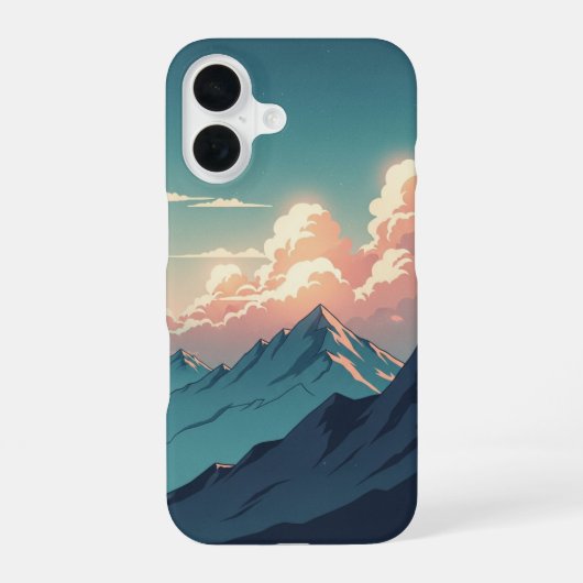 レトロな70年代の山の風景と鮮やかな雲 iPhone 16ケース (裏面)