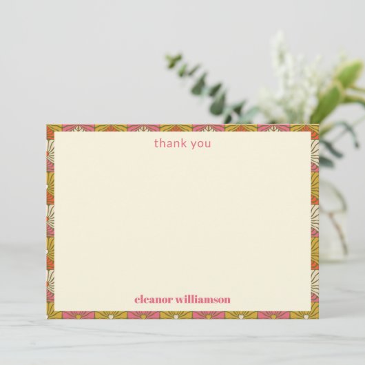 レトロな70年代オレンジ ピンク フラワー ブライダル シャワー カスタム サンキューカード (スタンド正面)