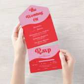 レトロな70年代スタイルのピンクと赤のネオン結婚式のオールインワン招待状 オールインワン招待状 (貼ってはがせる)