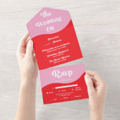 レトロな70年代スタイルのピンクと赤のネオン結婚式 オールインワン招待状 (貼ってはがせる)