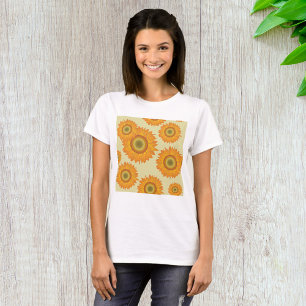 レトロな70年代スタイルの黄色いひまわりフラワーパターン Tシャツ