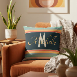 レトロな70年代 ネイビー & ティール ストライプ マスタード カスタムネーム クッション