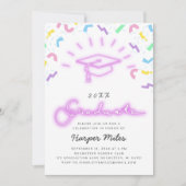 レトロな80年代スタイルのピンクのネオンカラー卒業帽の写真 招待状 (正面)