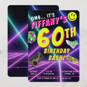 レトロな80年代ネオンの名入れマイルストーン誕生日パー 招待状 (正面/裏面)