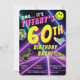 レトロな80年代ネオンの名入れマイルストーン誕生日パー 招待状