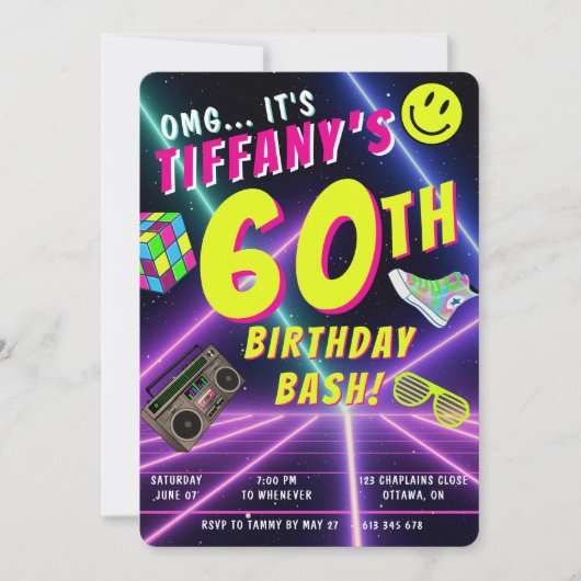 レトロな80年代ネオンの名入れマイルストーン誕生日パー 招待状 (正面)