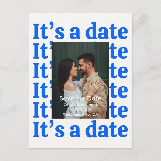 レトロな90年代の写真を使った結婚式のSave The Dateのお知らせ 案内ポストカード (正面)