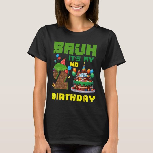 レトロなBruh 2歳の誕生日ピクセルケーキゲーマー2歳 Tシャツ (正面)
