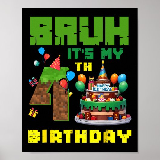 レトロなBruh 4歳の誕生日+ピクセルケーキ+ゲーマー+4歳 ポスター (正面)