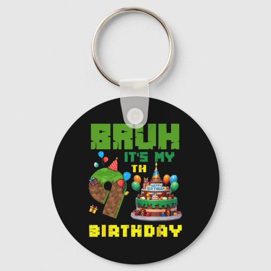 レトロなBruh 9歳の誕生日 ピクセルケーキ ゲーマー 9歳 キーホルダー (正面)