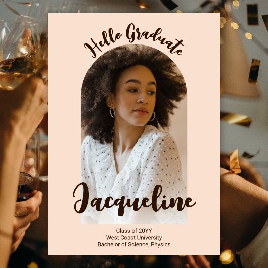 レトロなHello Graduate 2025 ピンクのスクリプト アーチ写真 案内状