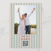 レトロなQRコード付き写真ウエディング(赤い手書き風フォント+青いストライプ) 招待状 (裏面)