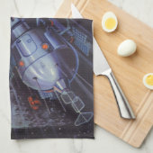 レトロなSFイラスト、月面ロケット発射シーン キッチンタオル (四つ折り)