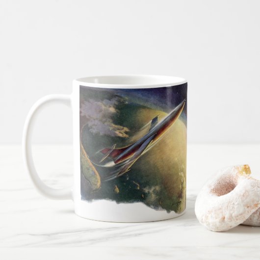 レトロなSF宇宙船航空機地球 コーヒーマグカップ (ドーナツ)
