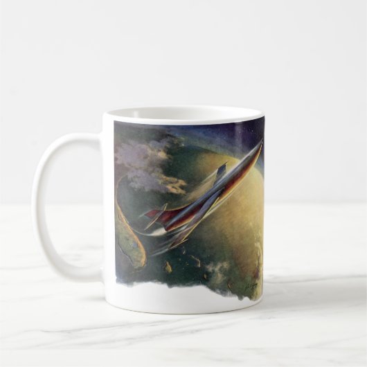 レトロなSF宇宙船航空機地球 コーヒーマグカップ (左)