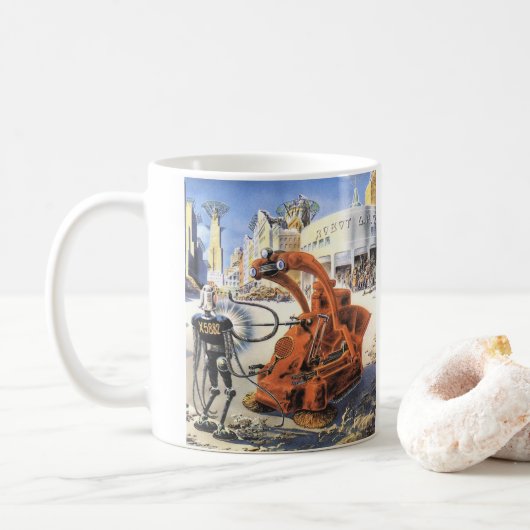 レトロなSF未来都市異星人戦争 コーヒーマグカップ (ドーナツ)