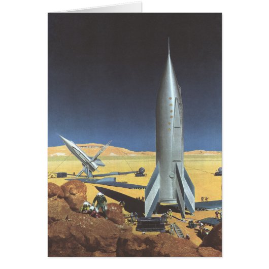 レトロなSF砂漠の惑星とロケット (正面)